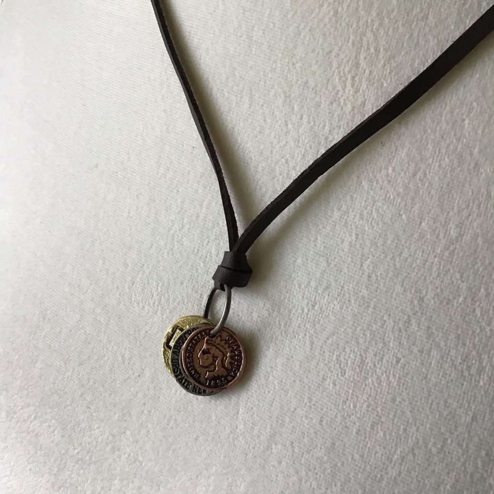 Leatherette ADJUSTABLE Necklace 3 Faux Coins Surfer Boho Style Unisex Slide NEW - Picture 12 of 13